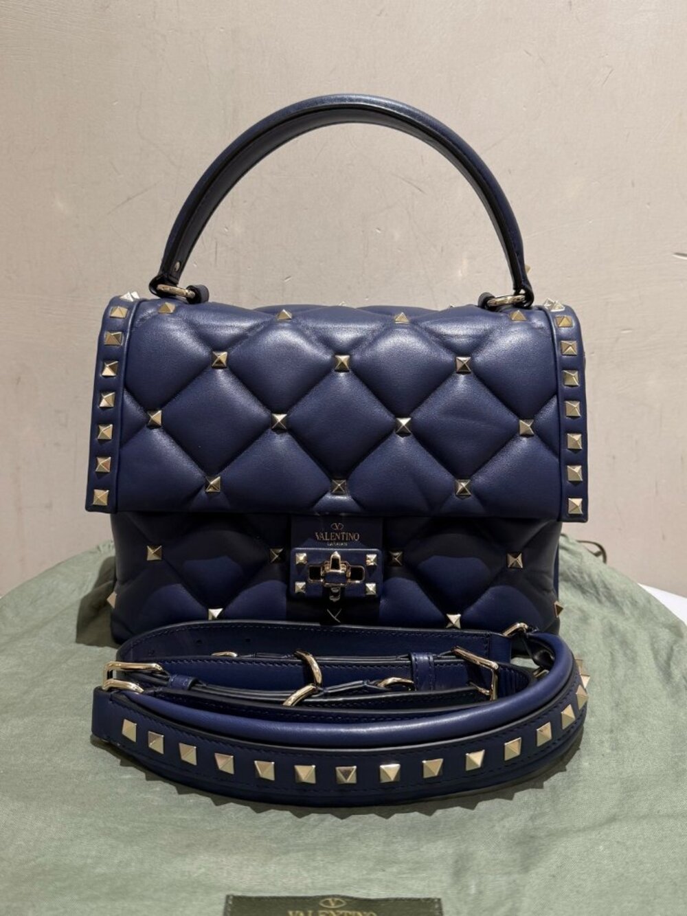 Valentino Garavani Candy Stud Blue Quilted Lambskin Rockstud Top‑handle Crossbod